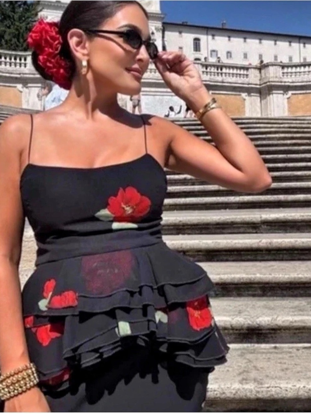 Zara Floral Layered Ruffle Peplum Cami Top Women’s Large Black Red Rose